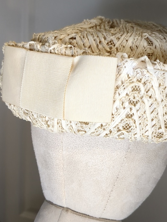 Vintage 50s Clover Lane Ivory Straw Sailor Hat Grosgrain Bow Kentucky Derby SZ S main image 7